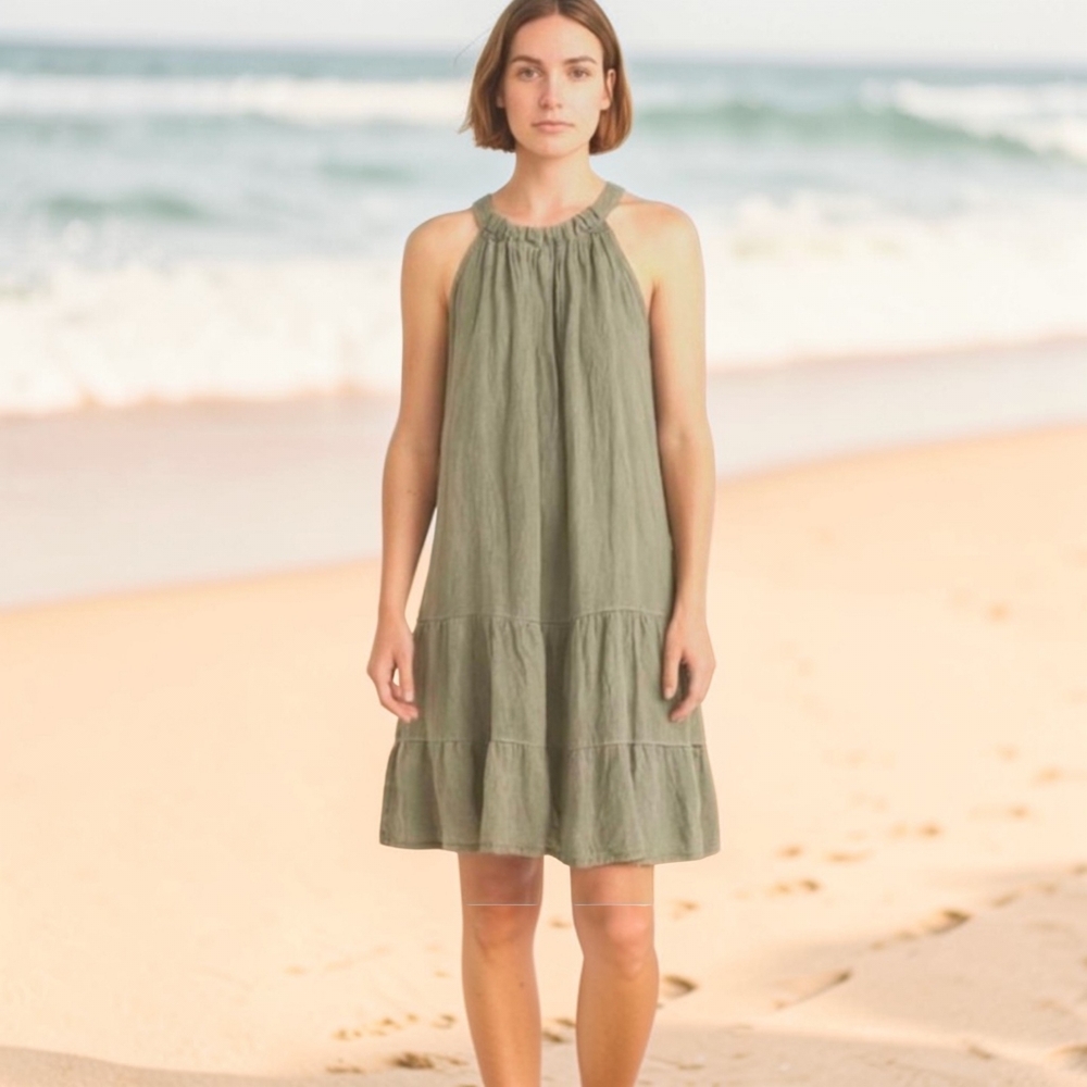 Bellambra 100% Linen Tiered Mini Dress Olive Green Women's Size MEDIUM